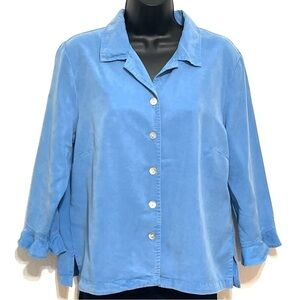 Amy K Su Woman Blue Button Down Long Sleeve Ruffle Cuffs Shirt Size M